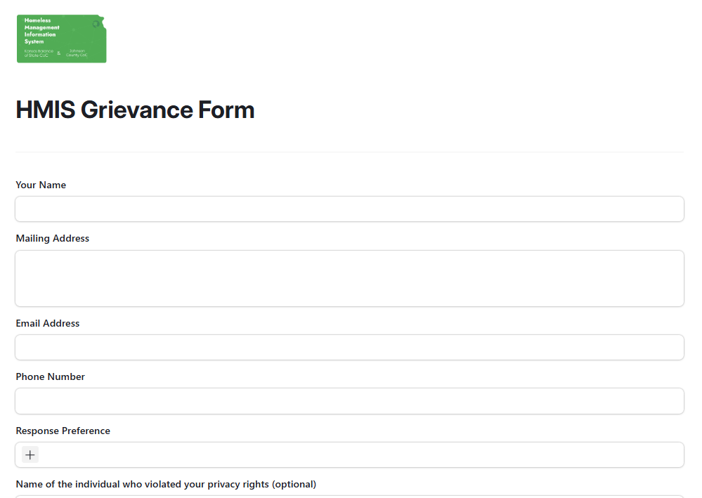HMIS Grievance Form Preview