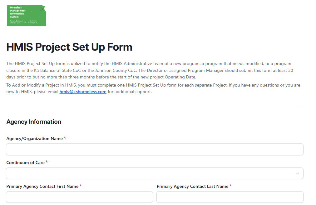 HMIS Project Set Up Form