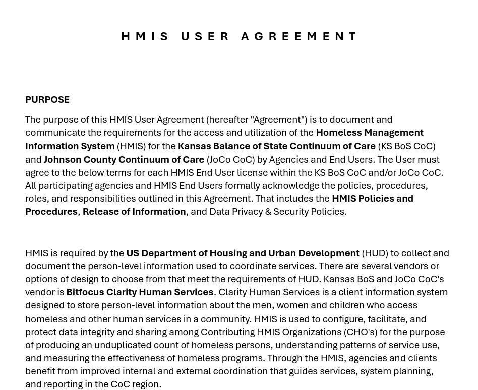 HMIS User Agreement Preview